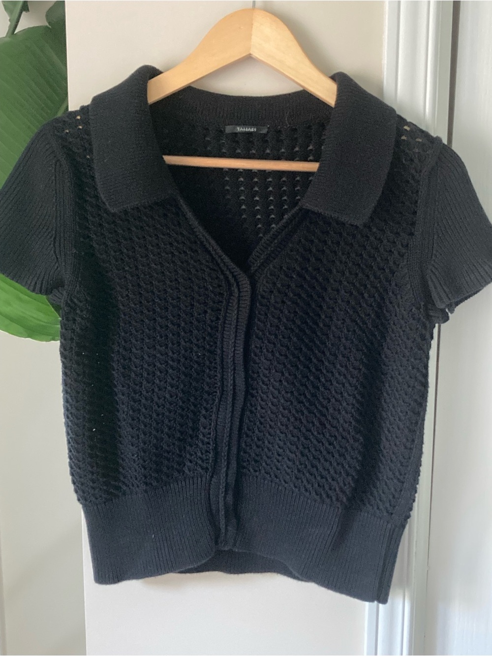 Tahari Black Short Sleeve Knit Cardigan with Collar